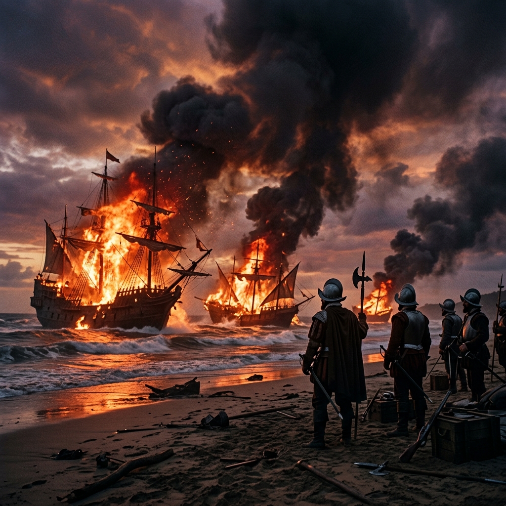 Vários navios espanhóis do século XVI em chamas atracados em uma praia de areia, com soldados conquistadores observando o incêndio ao anoitecer, em um clima de guerra e comprometimento total.